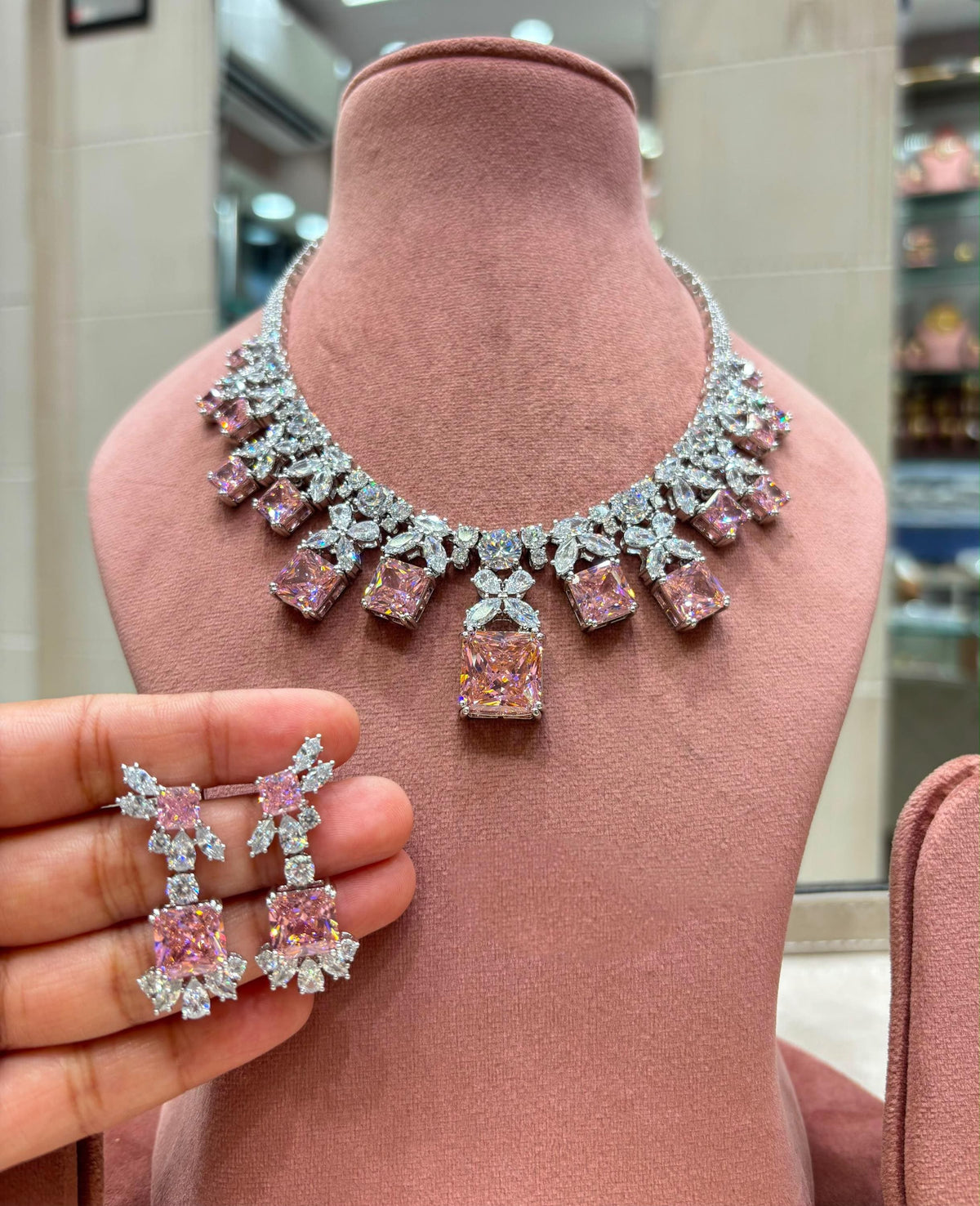 Princess Cut CZ Statement Necklace Set, Bridal Crystal Jewelry, Matching Earrings, Party Wear