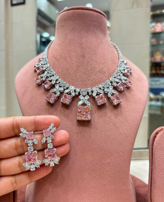Princess Cut CZ Statement Necklace Set, Bridal Crystal Jewelry, Matching Earrings, Party Wear