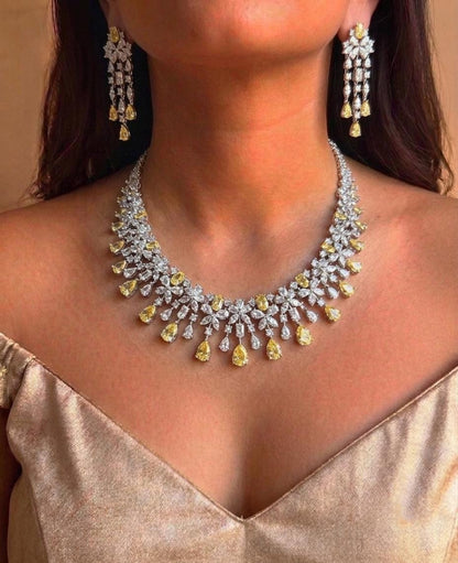 Floral Drop CZ Necklace Set, Matching Long Earrings, Bridal Statement Jewelry