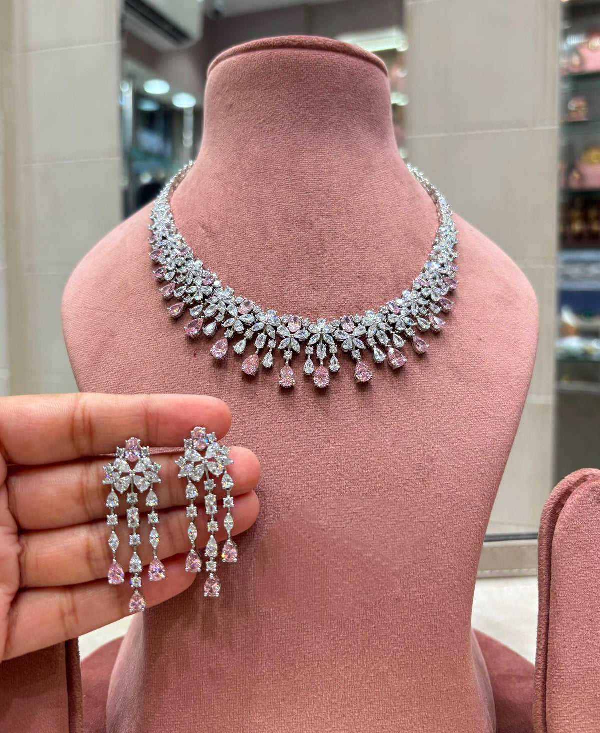 Floral Drop CZ Necklace Set, Matching Long Earrings, Bridal Statement Jewelry