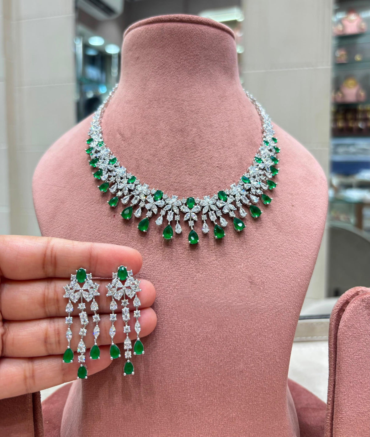 Floral Drop CZ Necklace Set, Matching Long Earrings, Bridal Statement Jewelry