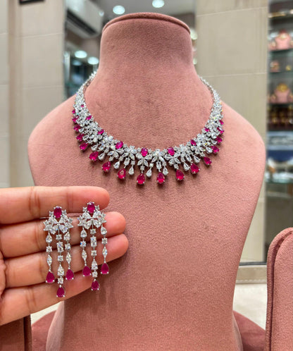 Floral Drop CZ Necklace Set, Matching Long Earrings, Bridal Statement Jewelry