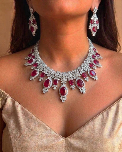 CZ Bridal Necklace Set with Matching Earrings, Floral Statement Wedding Jewelry