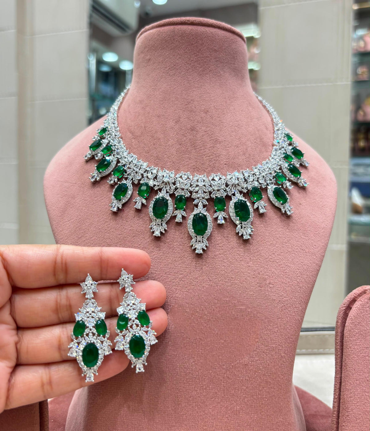 CZ Bridal Necklace Set with Matching Earrings, Floral Statement Wedding Jewelry
