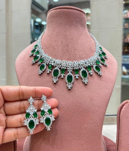 CZ Bridal Necklace Set with Matching Earrings, Floral Statement Wedding Jewelry