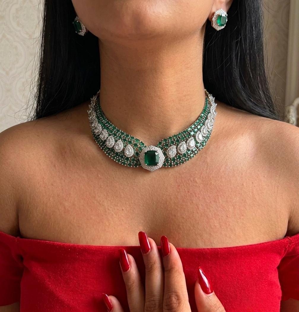 Statement Bridal Choker Necklace Set, CZ Stone Wedding Jewelry, Indian Necklace Earrings