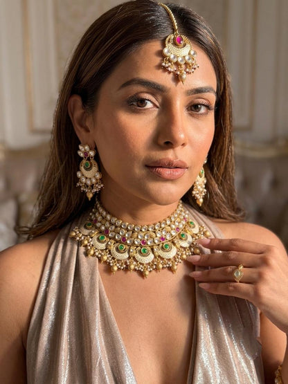 Bridal Kundan Choker Necklace Set, Indian Polki Wedding Jewelry, Pearl Drop Statement Set