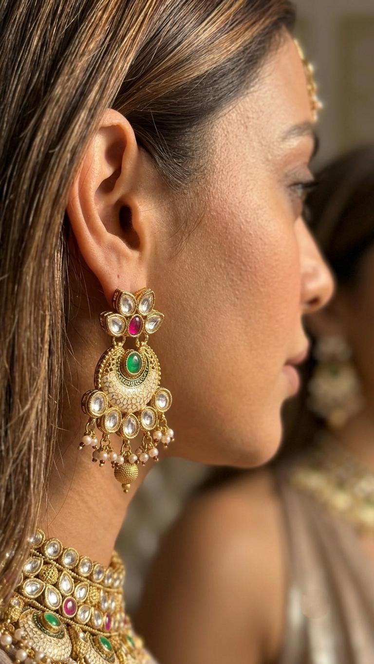 Bridal Kundan Choker Necklace Set, Indian Polki Wedding Jewelry, Pearl Drop Statement Set