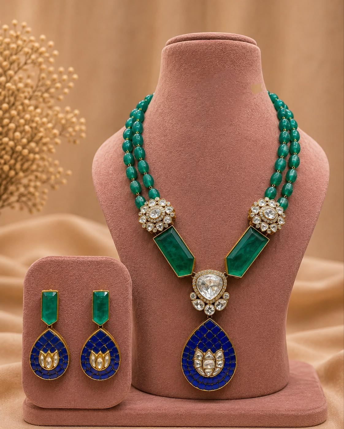Kundan Pendant Necklace Earrings Set, Traditional Indian Bridal Wedding Jewelry Gift