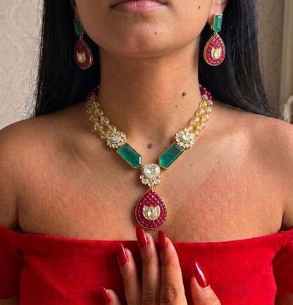 Kundan Pendant Necklace Earrings Set, Traditional Indian Bridal Wedding Jewelry Gift