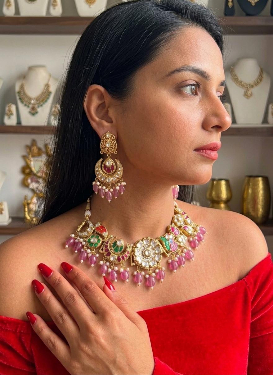 Kundan Choker Necklace Set, Indian Bridal Jewelry, Traditional Wedding Statement Earrings