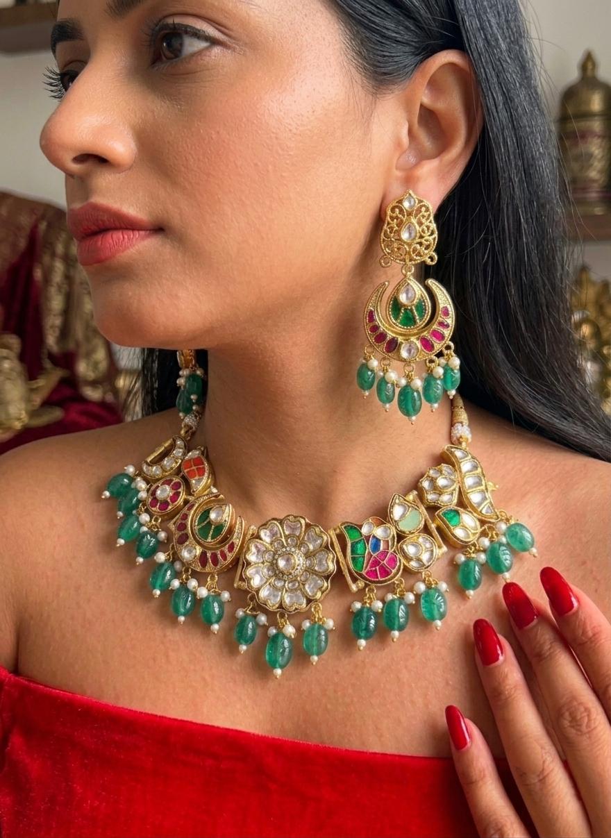 Kundan Choker Necklace Set, Indian Bridal Jewelry, Traditional Wedding Statement Earrings