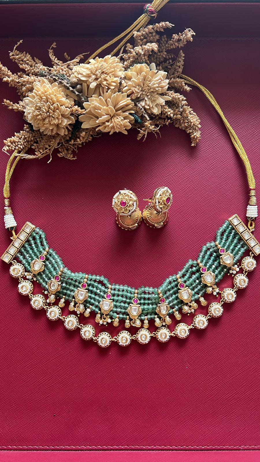 Handcrafted Kundan Choker Necklace Set, Indian Bridal Statement Jewelry, Festive Earrings