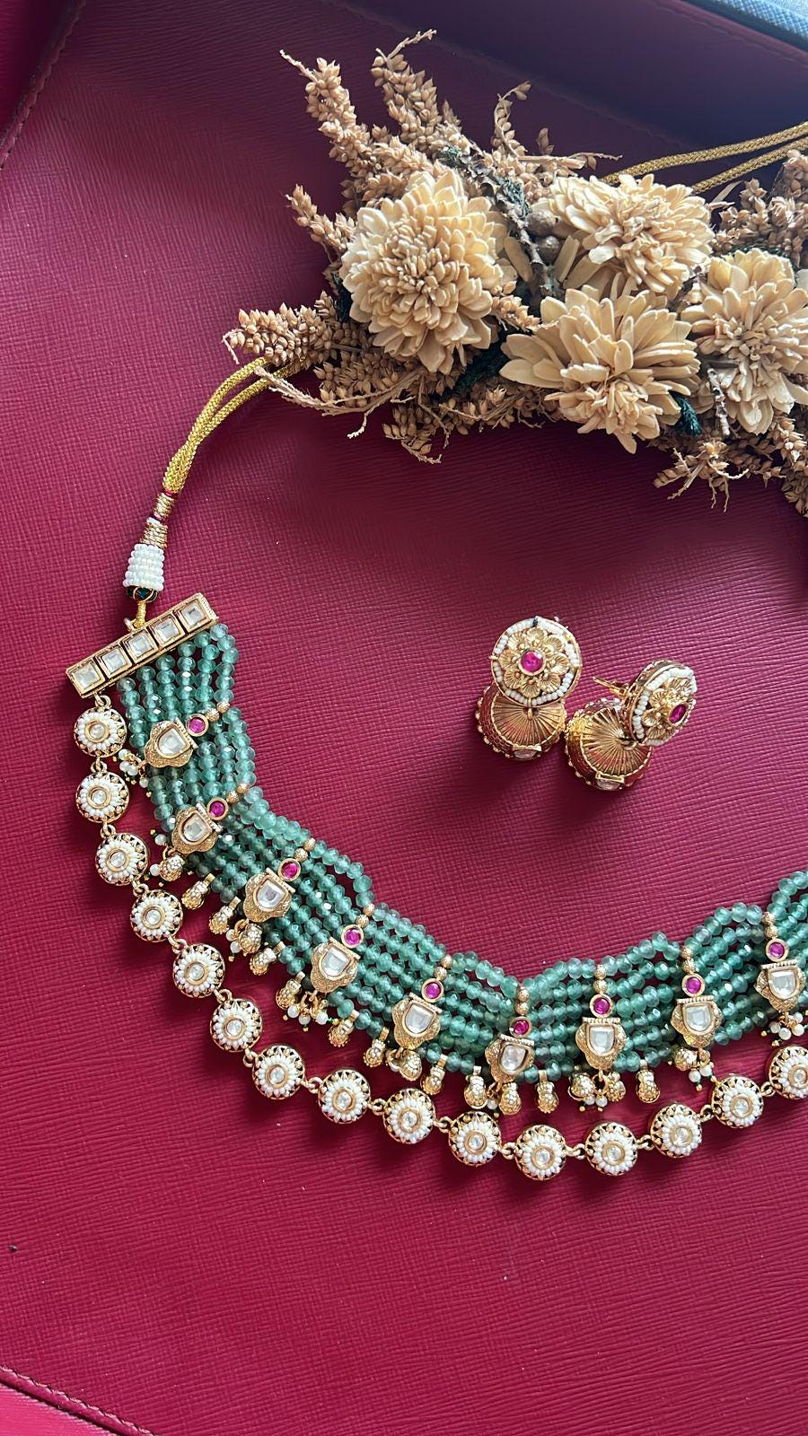 Handcrafted Kundan Choker Necklace Set, Indian Bridal Statement Jewelry, Festive Earrings