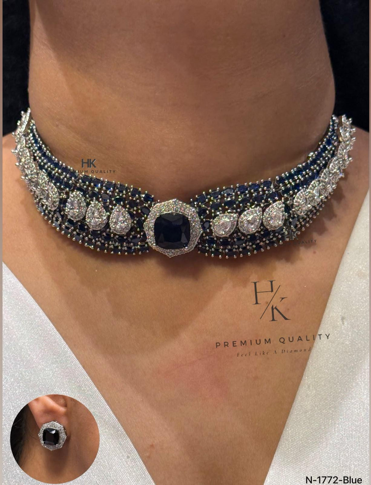 Statement Bridal Choker Necklace Set, CZ Stone Wedding Jewelry, Indian Necklace Earrings