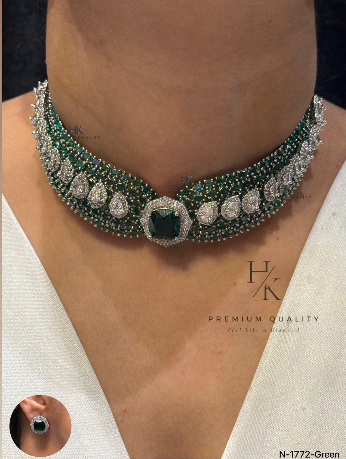 Statement Bridal Choker Necklace Set, CZ Stone Wedding Jewelry, Indian Necklace Earrings