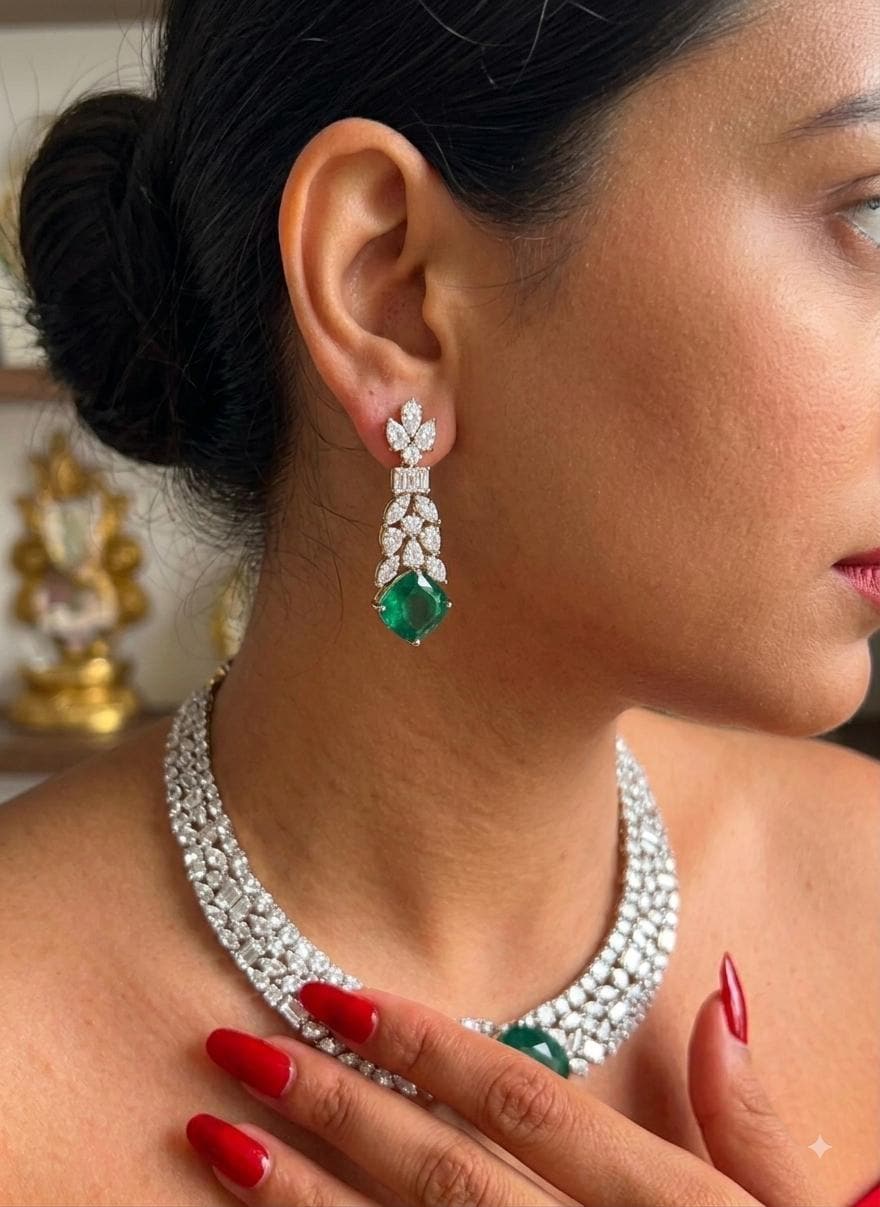 Emerald CZ Choker Necklace and Drop Earrings Set, Bridal Statement Jewelry
