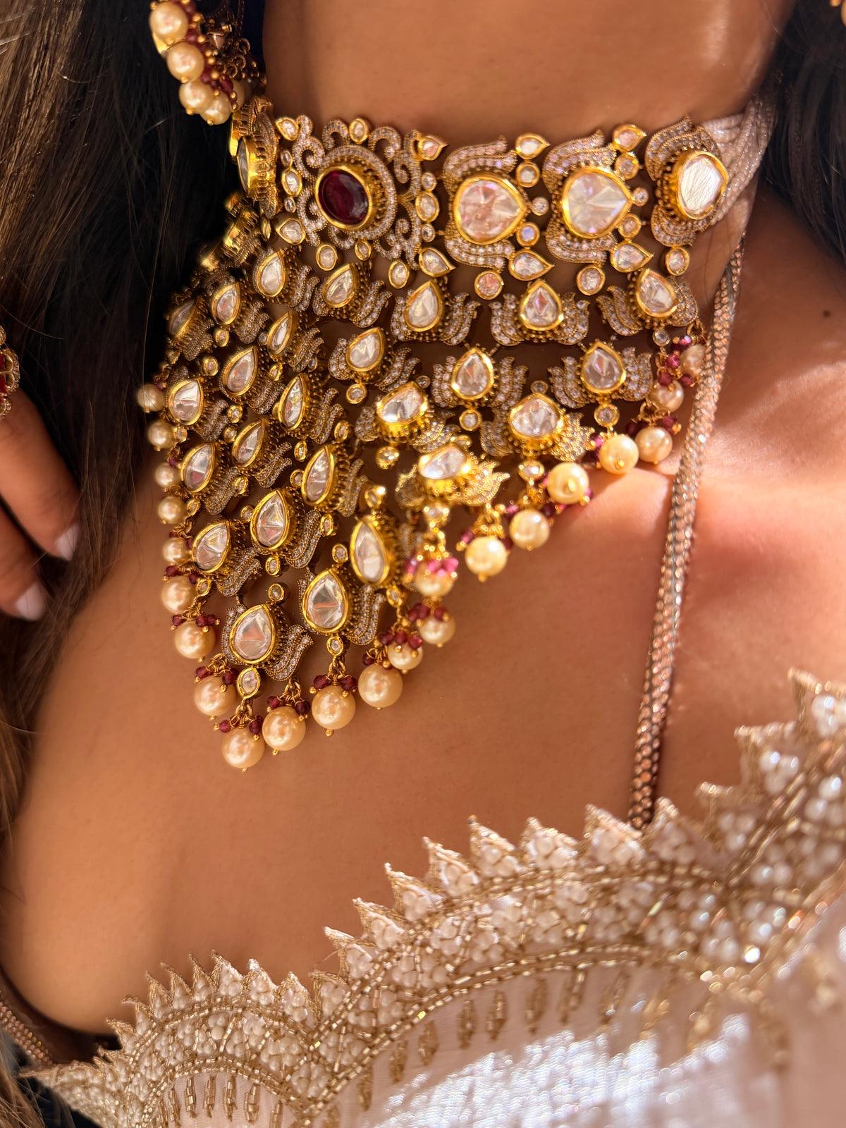 Bridal Polki Pearl Indian Wedding Jewelry  |  Victorian Kundan Choker Necklace Earrings Set
