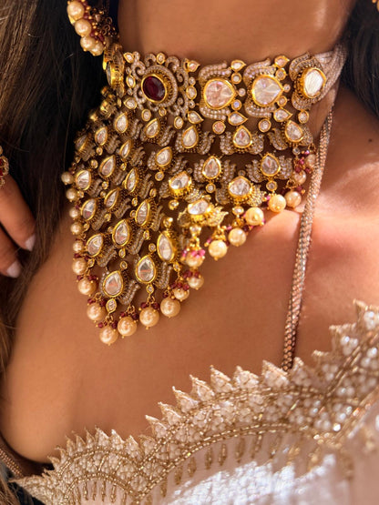 Bridal Polki Pearl Indian Wedding Jewelry  |  Victorian Kundan Choker Necklace Earrings Set