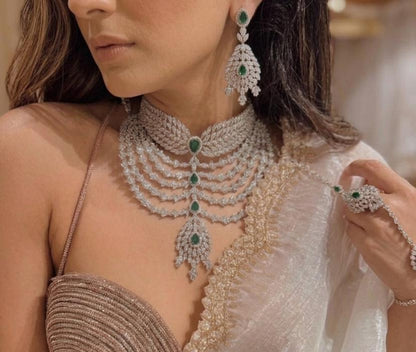 American Diamond Bridal Jewelry Set: Necklace, Earrings & Maangtikka