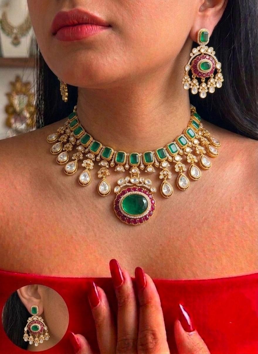 Kundan Necklace & Earrings Set, Indian Bridal Jewelry, Traditional Wedding Choker