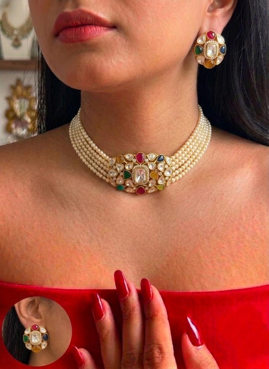 Kundan Pearl Choker Necklace Set, Traditional Indian Bridal Jewelry with Matching Earrings