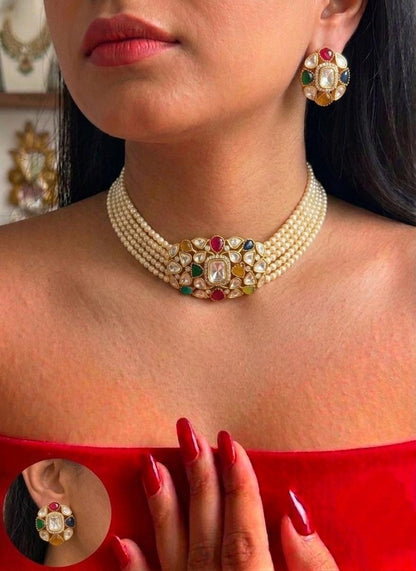 Kundan Pearl Choker Necklace Set, Traditional Indian Bridal Jewelry with Matching Earrings