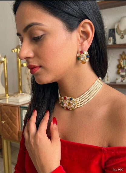 Kundan Pearl Choker Necklace Set, Traditional Indian Bridal Jewelry with Matching Earrings