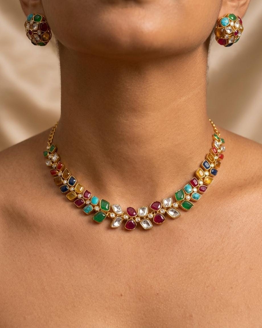 Multicolor Kundan Necklace Set, Indian Traditional Jewelry, Bridal Statement Piece