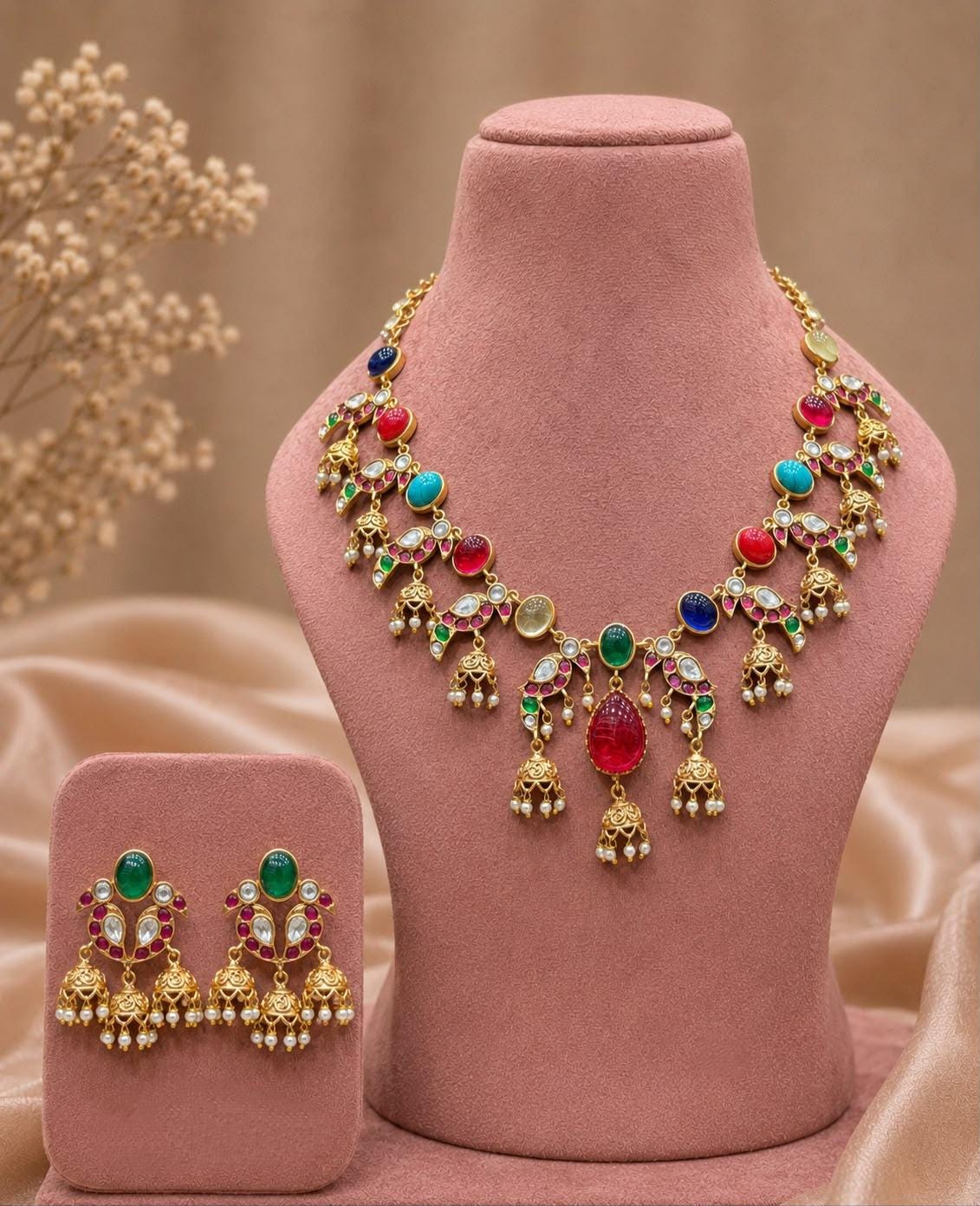 Multicolor Kundan Necklace Earring Set, Indian Bridal Jewelry, Floral Statement Set