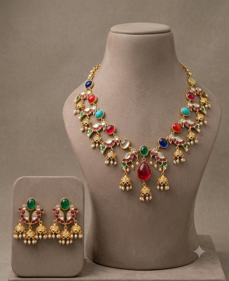 Multicolor Kundan Necklace Earring Set, Indian Bridal Jewelry, Floral Statement Set