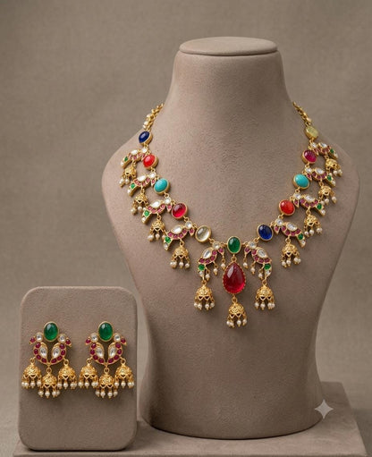 Multicolor Kundan Necklace Earring Set, Indian Bridal Jewelry, Floral Statement Set