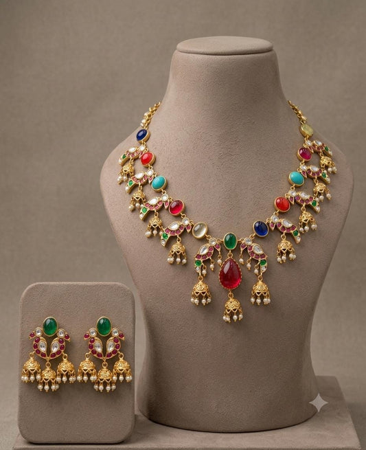 Multicolor Kundan Necklace Earring Set, Indian Bridal Jewelry, Floral Statement Set