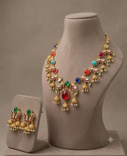 Multicolor Kundan Necklace Earring Set, Indian Bridal Jewelry, Floral Statement Set