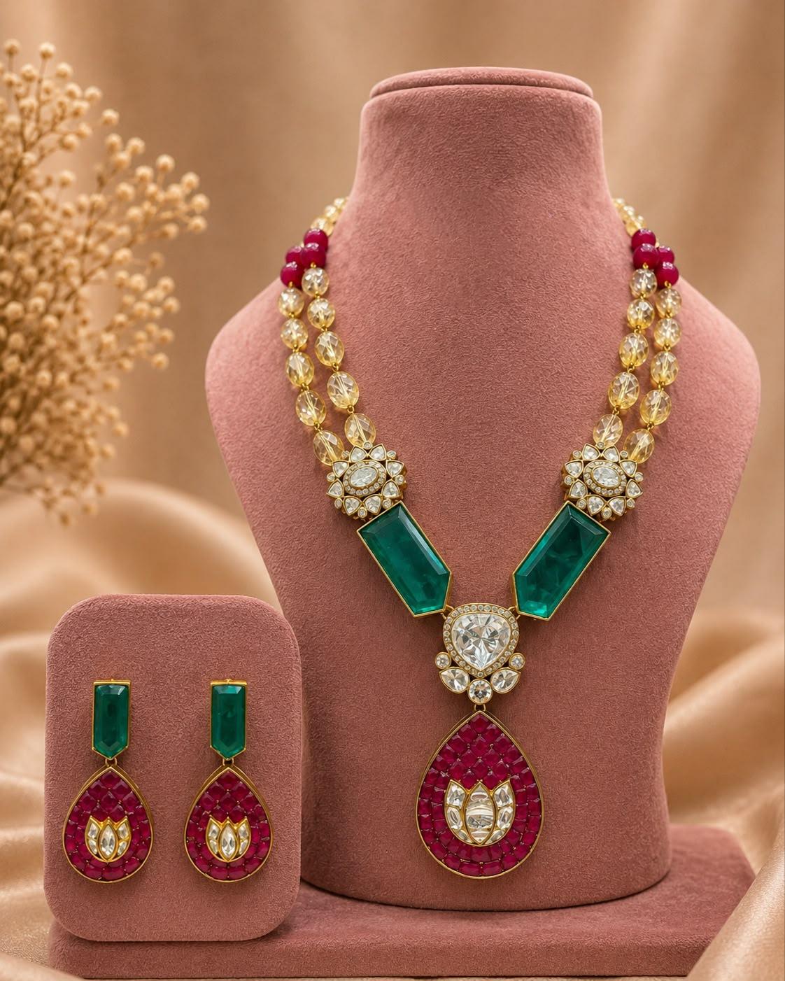Kundan Pendant Necklace Earrings Set, Traditional Indian Bridal Wedding Jewelry Gift