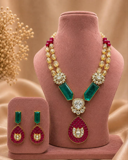 Kundan Pendant Necklace Earrings Set, Traditional Indian Bridal Wedding Jewelry Gift