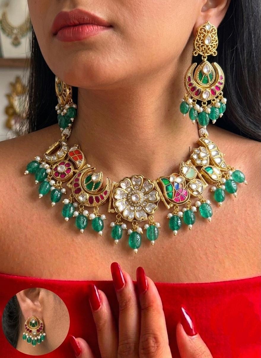 Kundan Choker Necklace Set, Indian Bridal Jewelry, Traditional Wedding Statement Earrings