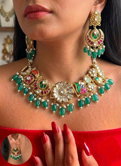Kundan Choker Necklace Set, Indian Bridal Jewelry, Traditional Wedding Statement Earrings