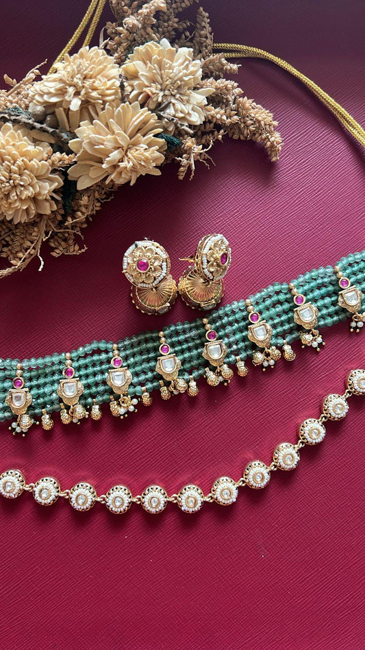 Handcrafted Kundan Choker Necklace Set, Indian Bridal Statement Jewelry, Festive Earrings