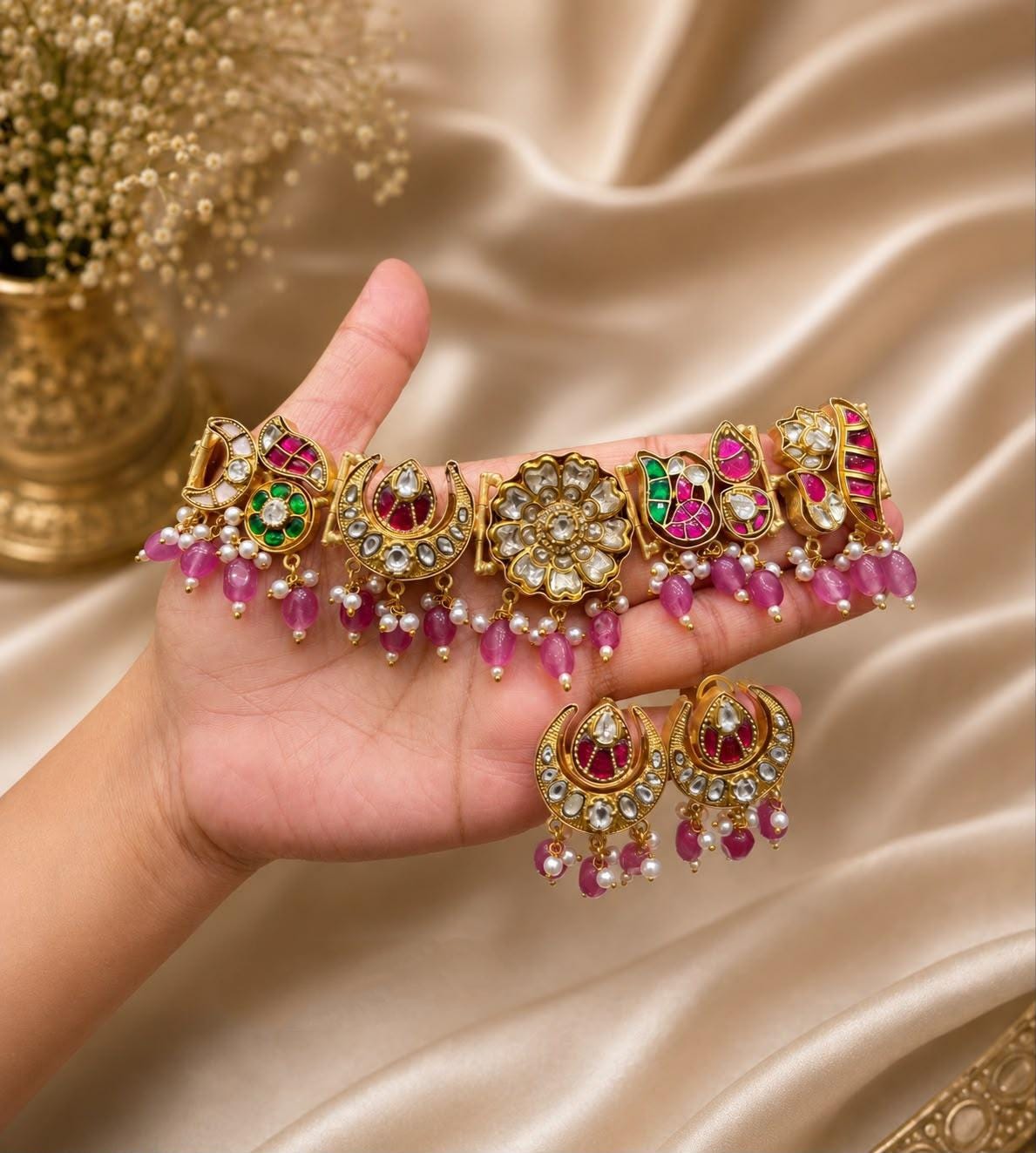 Kundan Choker Necklace Set, Indian Bridal Jewelry, Traditional Wedding Statement Earrings