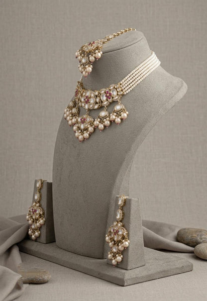 Kundan Bridal Necklace Set with Maang Tikka & Earrings, Indian Wedding Jewelry