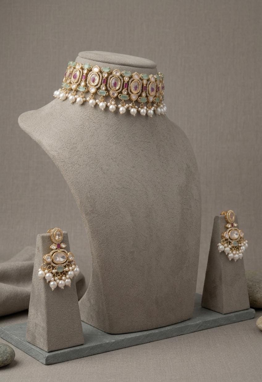 Kundan Choker Necklace Set with Earrings, Indian Bridal Jewelry, Pearl Drops