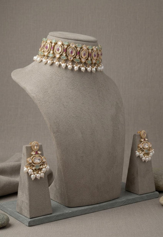Kundan Choker Necklace Set with Earrings, Indian Bridal Jewelry, Pearl Drops