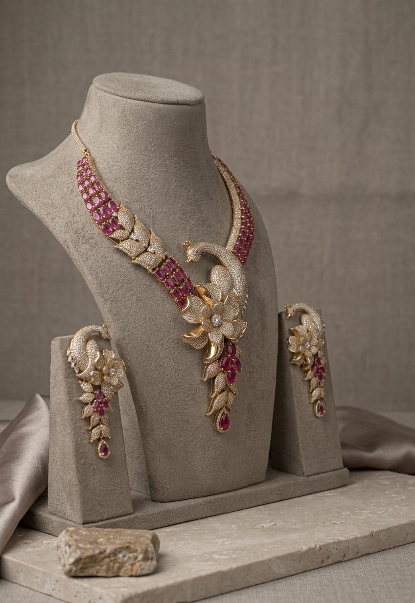 Kundan Bridal Necklace Set, Pink Stone Floral Earrings, Indian Wedding Jewelry