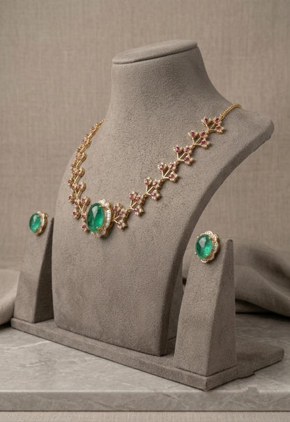 Emerald Floral Statement Necklace Set, Indian Bridal Jewelry, Wedding Gift