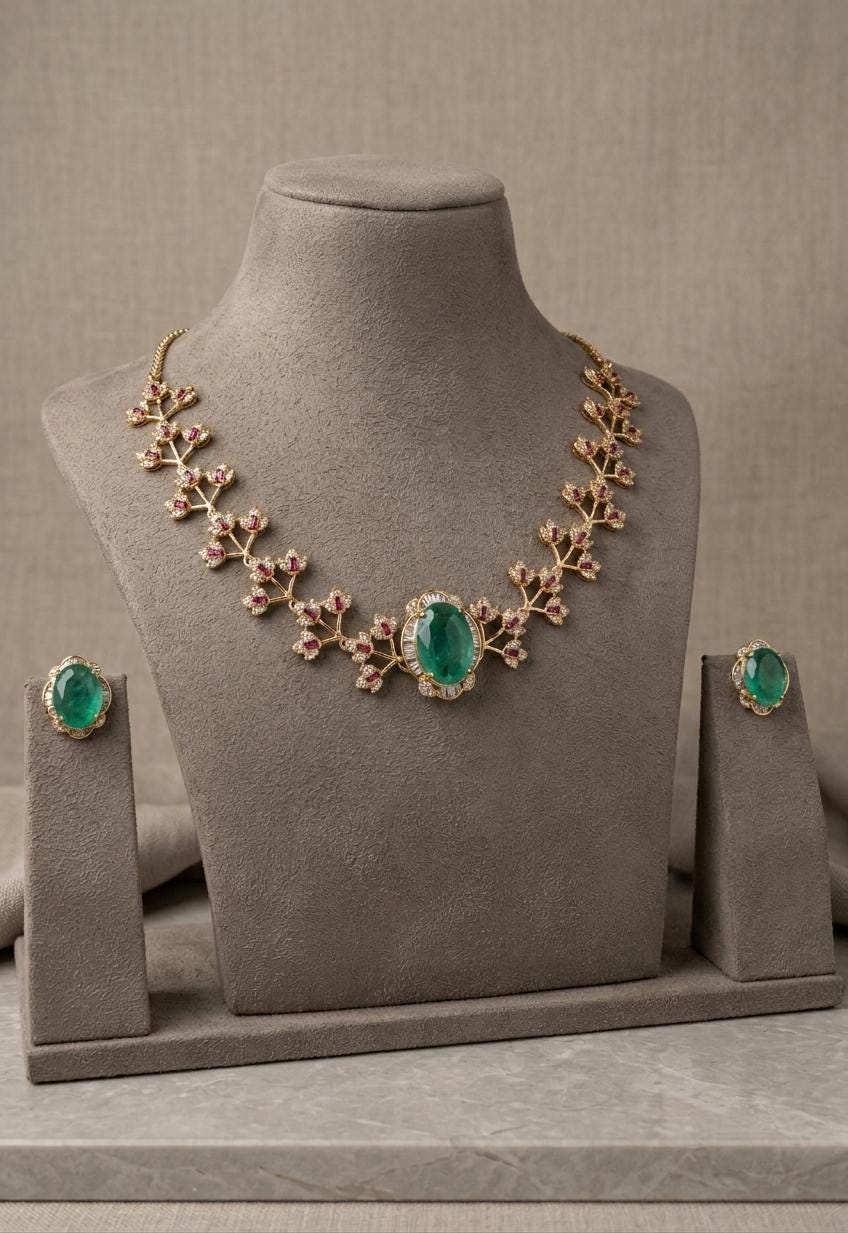 Emerald Floral Statement Necklace Set, Indian Bridal Jewelry, Wedding Gift