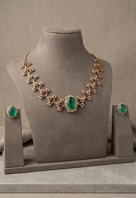 Emerald Floral Statement Necklace Set, Indian Bridal Jewelry, Wedding Gift