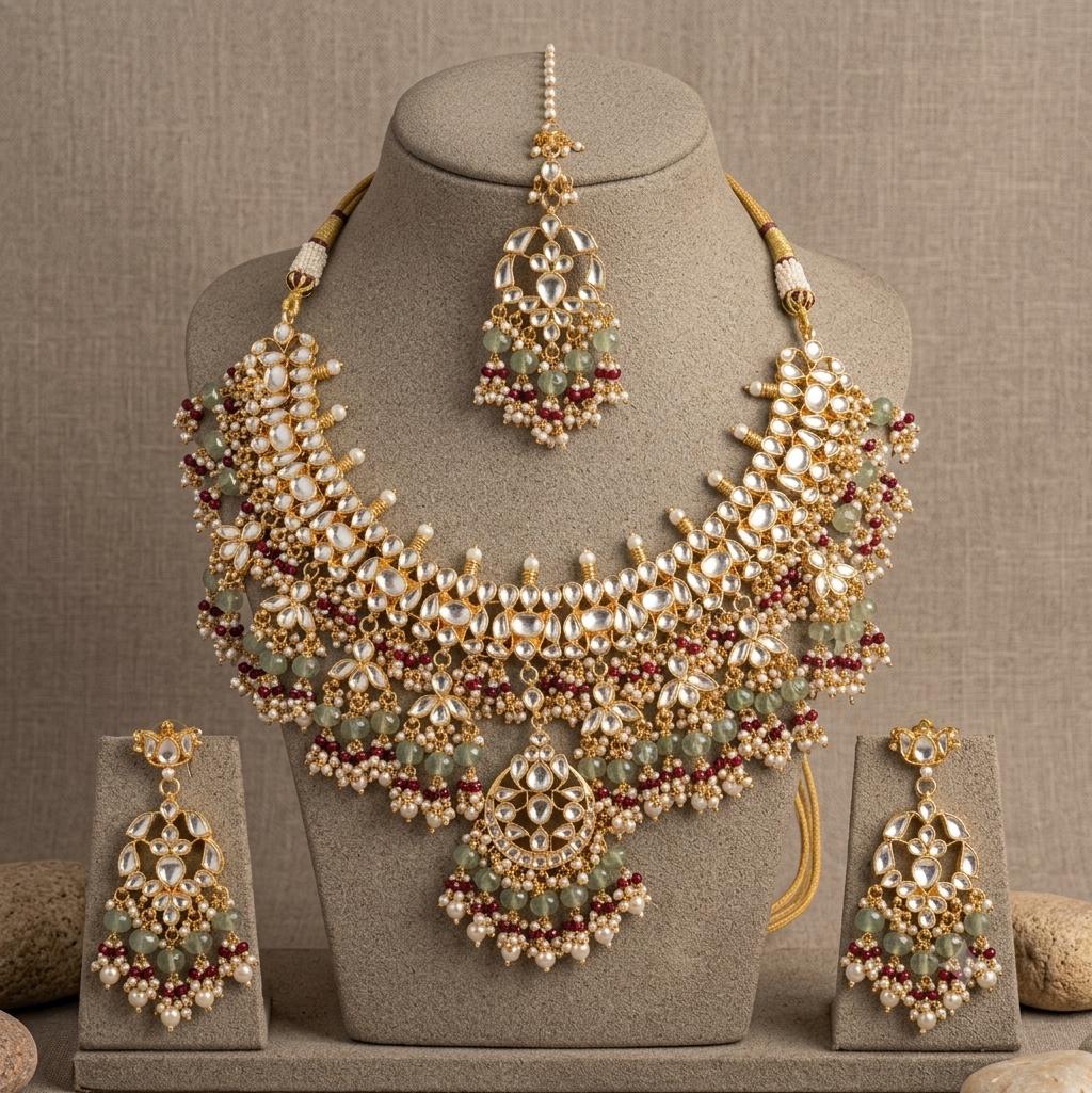 Kundan Bridal Necklace Set, Indian Wedding Jewelry, Floral Maang Tikka, Statement Earrings