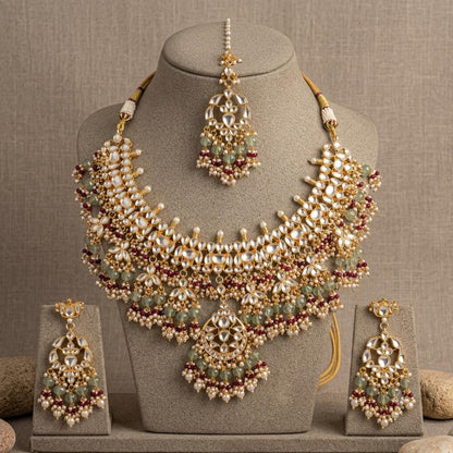 Kundan Bridal Necklace Set, Indian Wedding Jewelry, Floral Maang Tikka, Statement Earrings