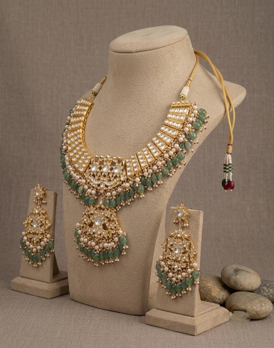 Kundan Bridal Necklace Set, Indian Wedding Jewelry, Floral Choker, Earrings (Matching Set)